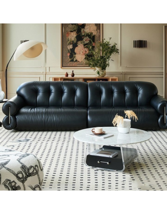 Retro style casual straight black sofa Italian minimalist leather