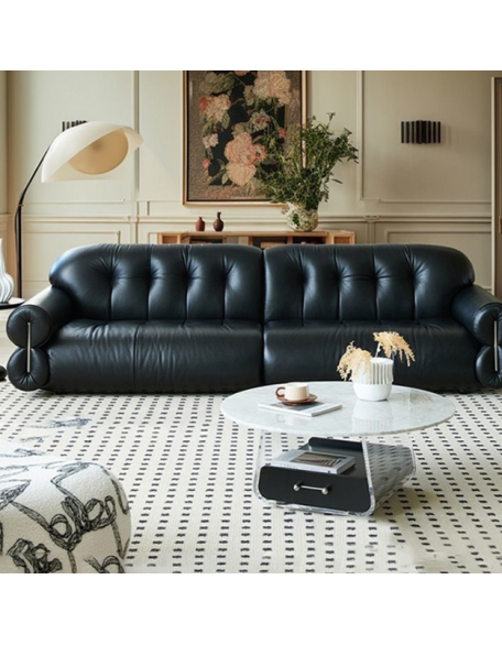 Retro style casual straight black sofa Italian minimalist leather